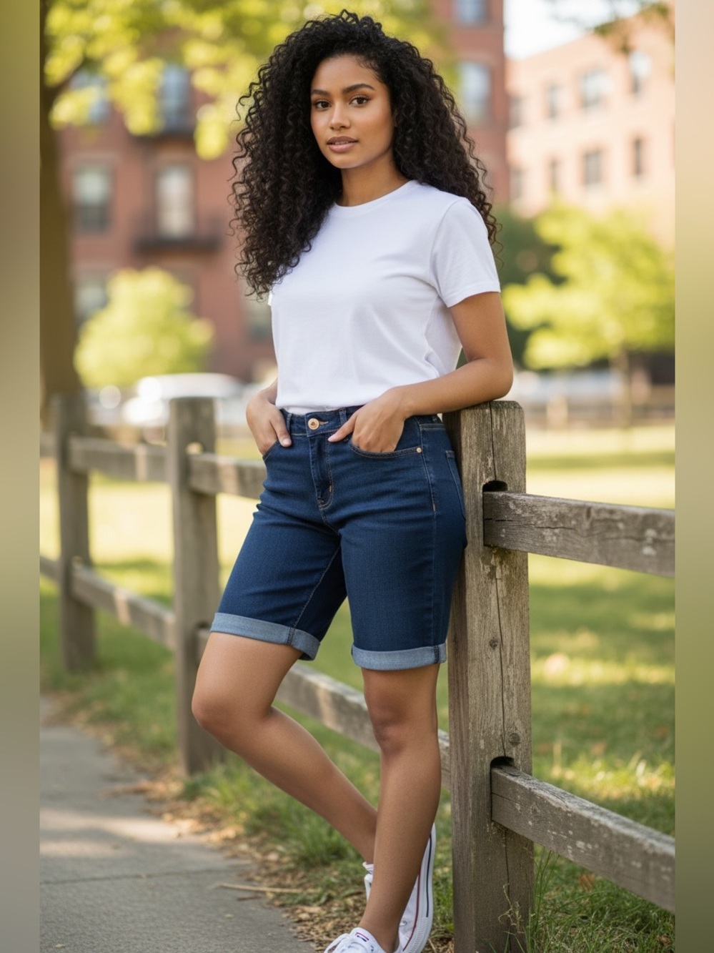 Nicki Minaj Dark Blue Cuffed Denim Bermuda Shorts